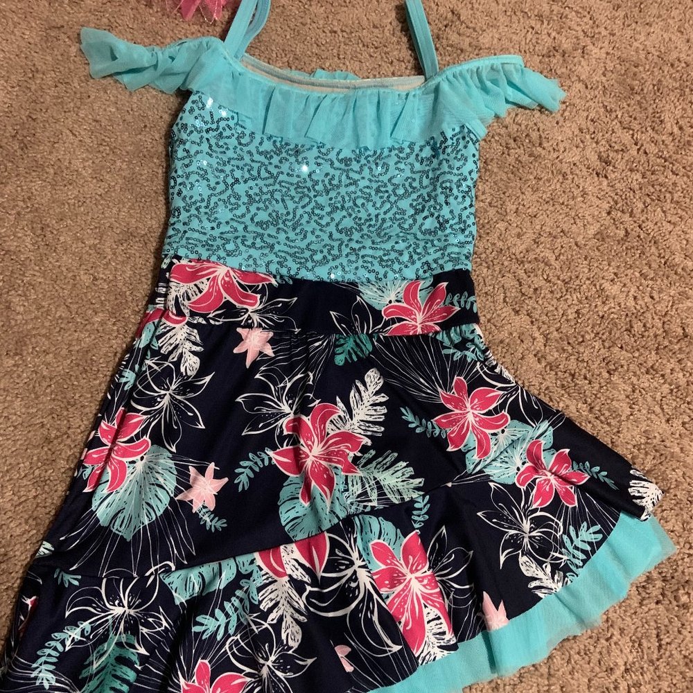 Girls Blue & Flower Off the Shoulder Dance Costume IC